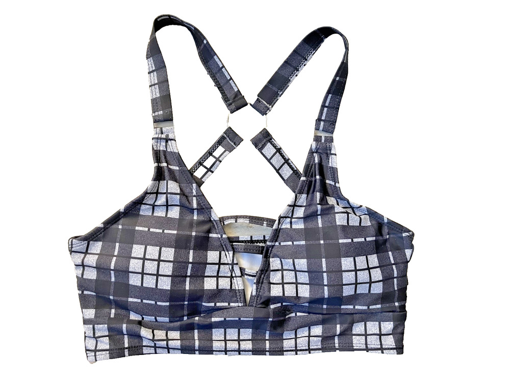 Women's Dressfo Size Medium Gray Black Bra Comfortable Cross Back Plaid Pattern